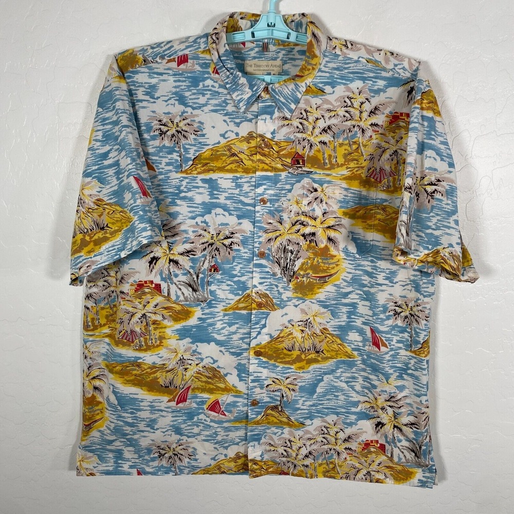 Territory Ahead Shirt Mens XL Blue Button Up Outdoor Camp Island Ocean‎ Floral